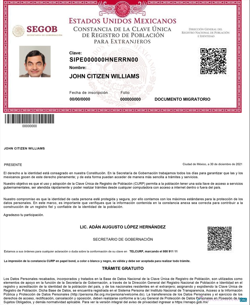 Премиум Скачать Мексика Registro de Poblacion de Мексика (CURP Number) Photoshop Шаблон