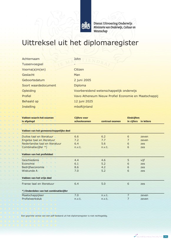 Профессиональный Скачать Нидерланды MboRijnland Diploma Register Extract Шаблон в Word и PDF Формат Photoshop Шаблон