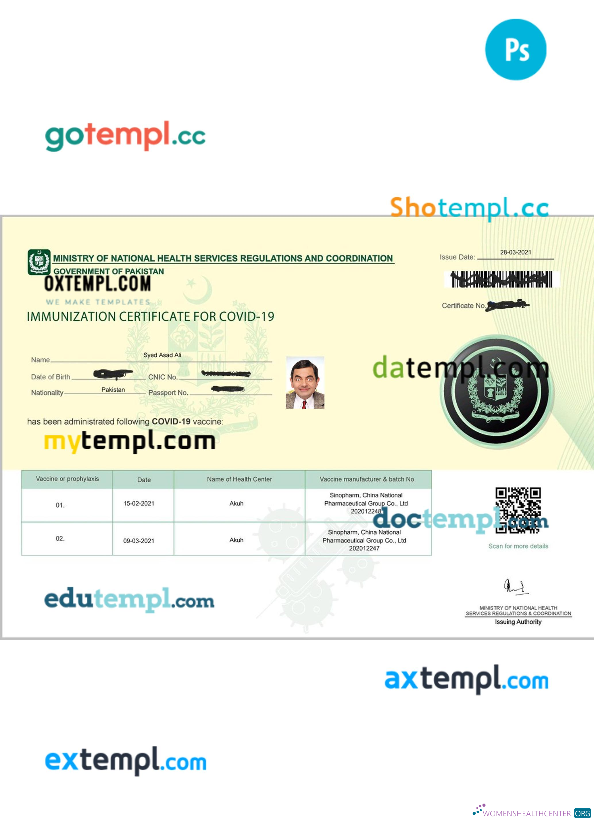 Реалистичный Скачать Пакистан Immunization Certificate для Covid 19 Photoshop Шаблон