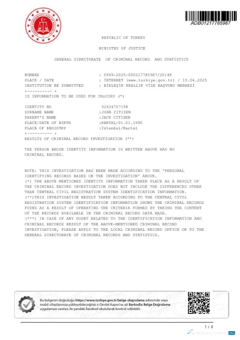 Редактируемый Скачать Турция Ministry Justice Criminal Record Certificate Photoshop Шаблон