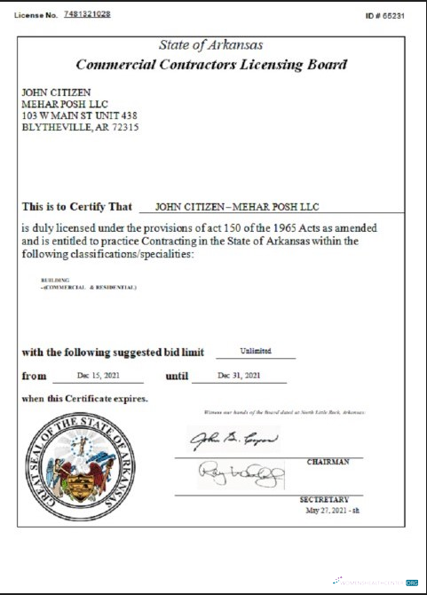 Редактируемый Скачать USA Arkansas Коммерческий Contractors License Photoshop Шаблон