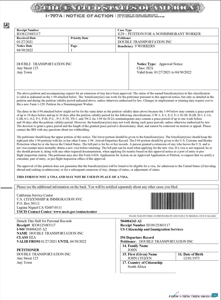Премиум Скачать USA Form I 797A, Notice Action Photoshop Шаблон