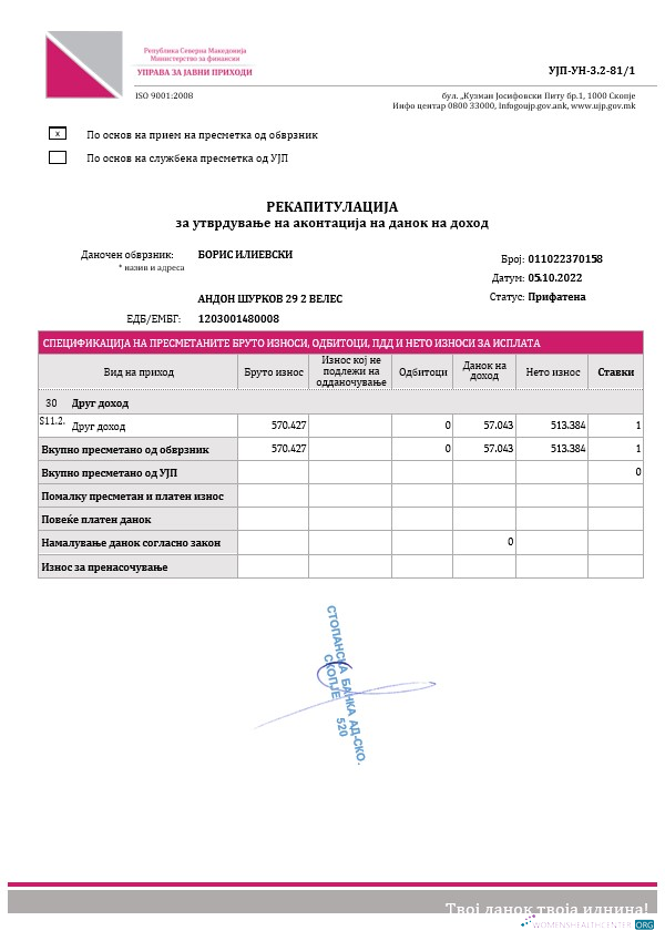 Редактируемый Республика Северный Macedonia Общественный Revenue Administration Income Tax Advance Payment Recapitulation Шаблон