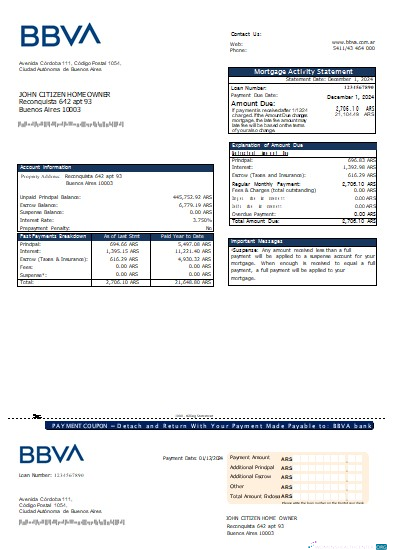 Качественный Скачать Аргентина BBVA Банк Ипотека Выписка Scr Photoshop Шаблон