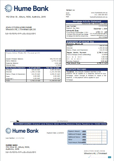 Редактируемый Скачать Австралия Humebank Банк Ипотека Выписка Scr Photoshop Шаблон