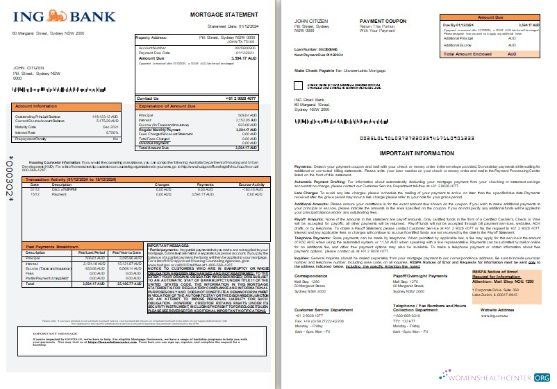 Редактируемый Скачать Австралия ING Direct Банк Ипотека Выписка, 3 Страниц, 1 2 Scr Photoshop Шаблон