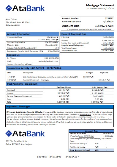 Качественный Скачать Азербайджан Atabank Банк Ипотека Выписка Scr Photoshop Шаблон