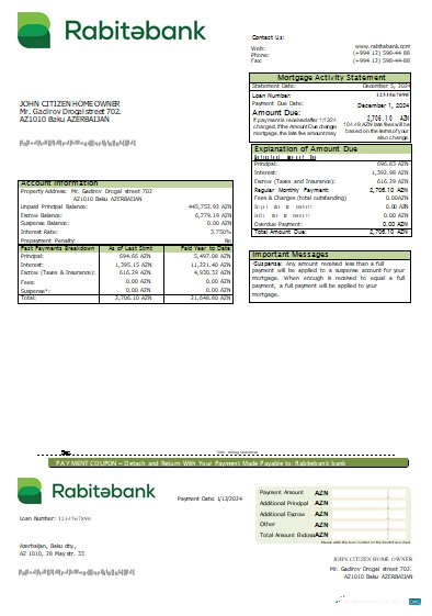 Редактируемый Скачать Азербайджан Rabitebank Банк Ипотека Выписка Scr Photoshop Шаблон