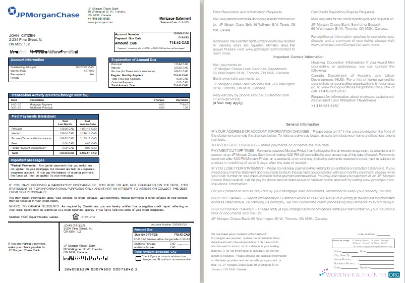Качественный Скачать Канада JP Morgan Chase Банк Ипотека Выписка, 2 Страниц, 1 2 Scr Photoshop Шаблон