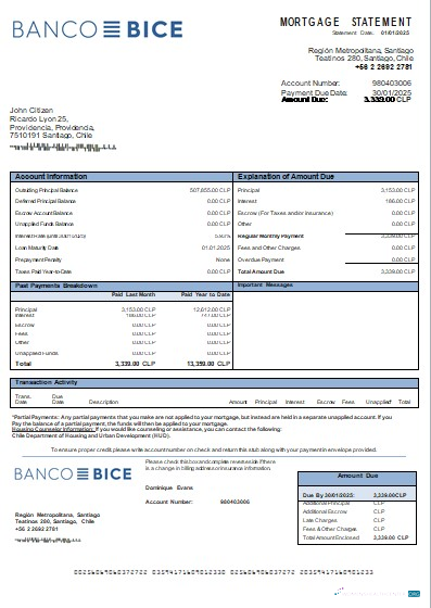 Профессиональный Скачать Чили Banco Bice Банк Ипотека Выписка Scr Photoshop Шаблон