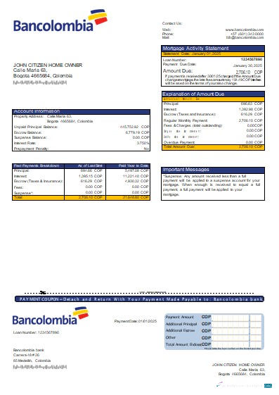 Реалистичный Скачать Колумбия Bancolombia Банк Ипотека Выписка Scr Photoshop Шаблон