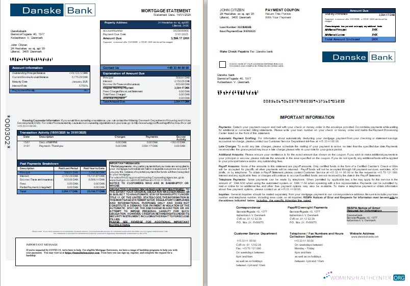 Редактируемый Скачать Дания Danskebank Банк Ипотека Выписка, 3 Страниц, 1 2 Scr Photoshop Шаблон