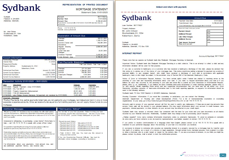 Редактируемый Скачать Дания Sydbank Банк Ипотека Выписка, 3 Страниц, 1 2 Scr Photoshop Шаблон