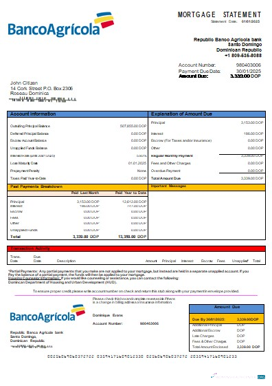 Качественный Скачать Доминиканская Республика Banco Agricola Банк Ипотека Выписка Scr Photoshop Шаблон