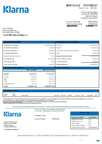Профессиональный Скачать Финляндия Klarna Банк Банк Ипотека Выписка Scr Photoshop Шаблон