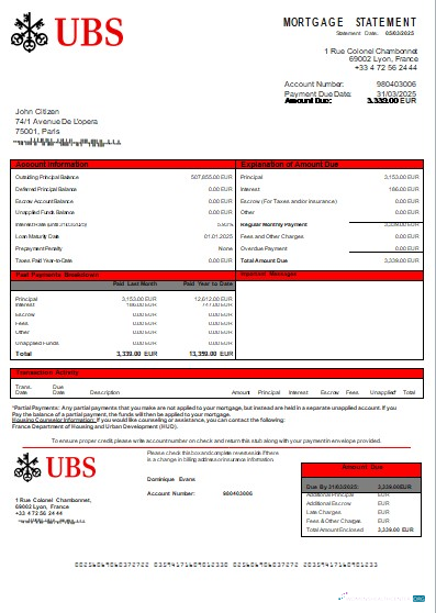 Качественный Скачать Франция UBS Банк Ипотека Выписка Scr Photoshop Шаблон
