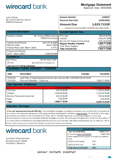 Редактируемый Скачать Германия Aschheim Wirecard Банк Ипотека Выписка Scr Photoshop Шаблон