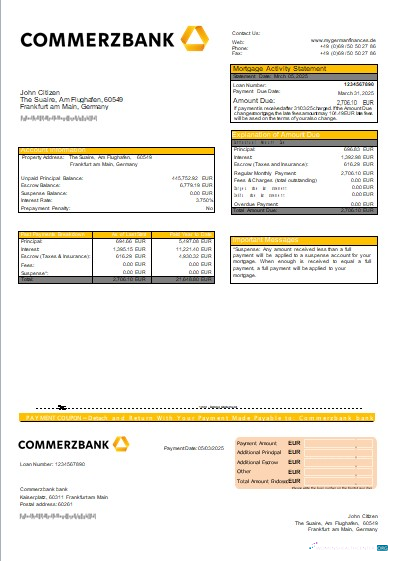 Редактируемый Скачать Германия Commerzbank Банк Ипотека Выписка Scr Photoshop Шаблон
