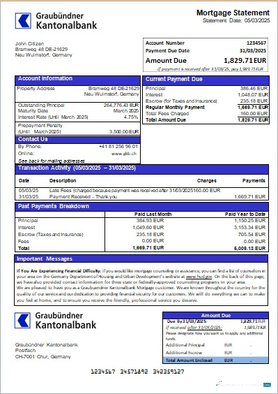 Редактируемый Скачать Германия Graubuendner Kantonalbank Банк Ипотека Выписка Scr Photoshop Шаблон