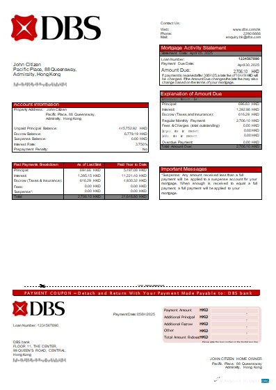 Редактируемый Скачать Hong Kong DBS Банк Ипотека Выписка Scr Photoshop Шаблон