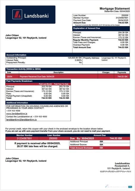Редактируемый Скачать Исландия Landsbankinn Ипотека Выписка Word и PDF Шаблон Photoshop Шаблон