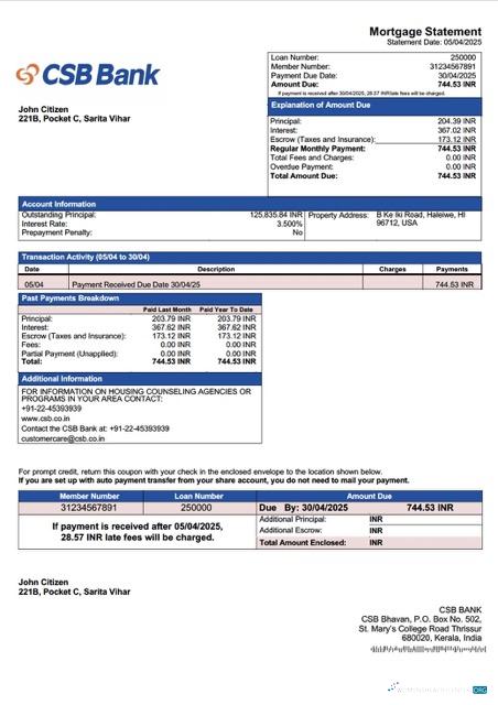 Премиум Скачать Индия CSB Банк Ипотека Выписка Word и PDF Шаблон Photoshop Шаблон