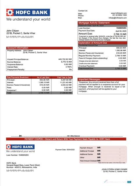 Качественный Скачать Индия HDFC Банк Ипотека Выписка Word и PDF Шаблон Photoshop Шаблон