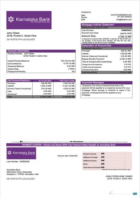 Редактируемый Скачать Индия Karnataka Банк Ипотека Выписка Word и PDF Шаблон Photoshop Шаблон