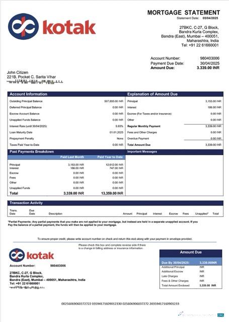 Редактируемый Скачать Индия Kotak Mahindra Банк Ипотека Выписка Word и PDF Шаблон Photoshop Шаблон