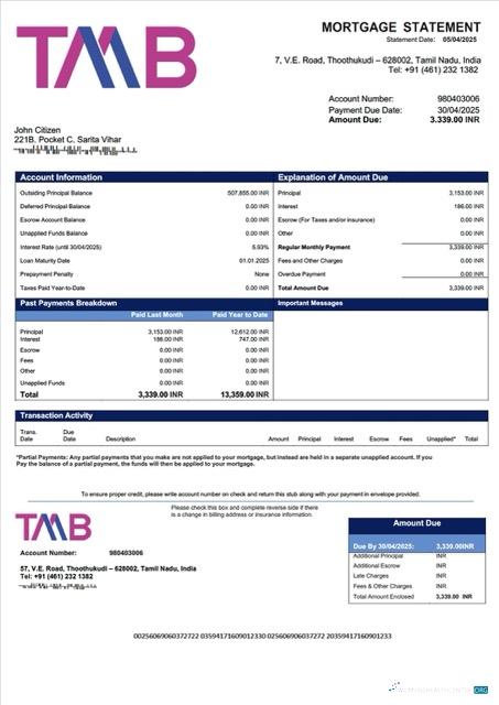 Профессиональный Скачать Индия Tamilnad Mercantile Банк Ипотека Выписка Word и PDF Шаблон Photoshop Шаблон
