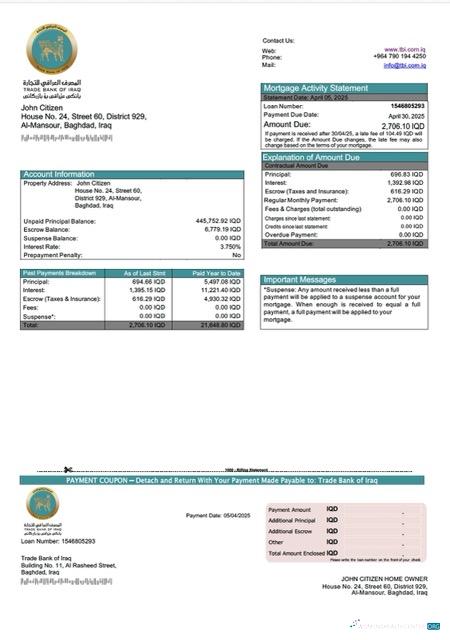 Редактируемый Скачать Ирак Trade Банк Ирак Ипотека Выписка Word и PDF Шаблон Photoshop Шаблон