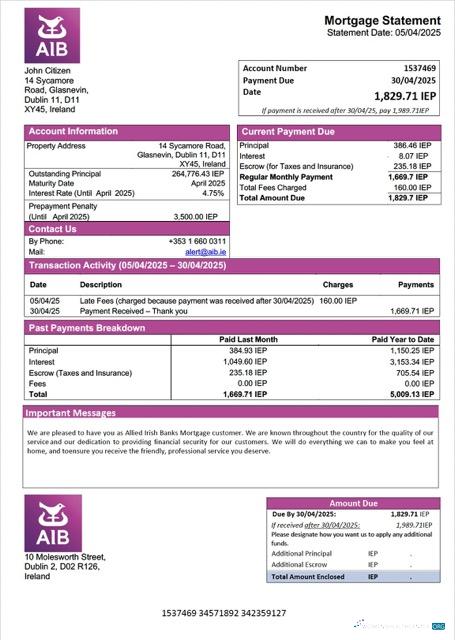 Профессиональный Скачать Ирландия Allied Irish Banks Ипотека Выписка Word и PDF Шаблон Photoshop Шаблон