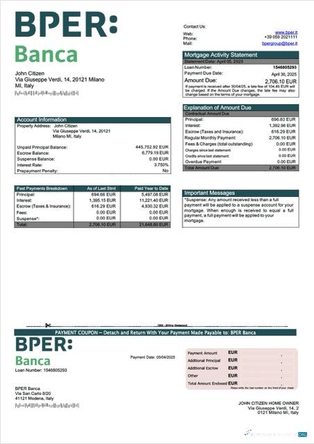 Реалистичный Скачать Италия BPER Banca Ипотека Выписка Word и PDF Шаблон Photoshop Шаблон