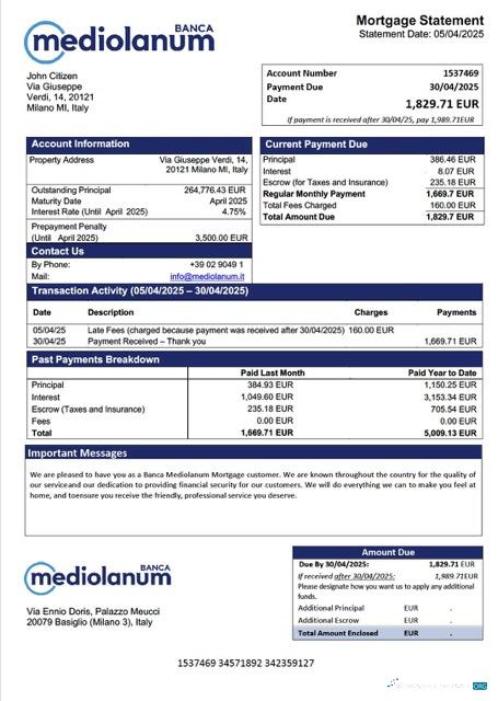 Реалистичный Скачать Италия Banca Mediolanum Ипотека Выписка Word и PDF Шаблон Photoshop Шаблон