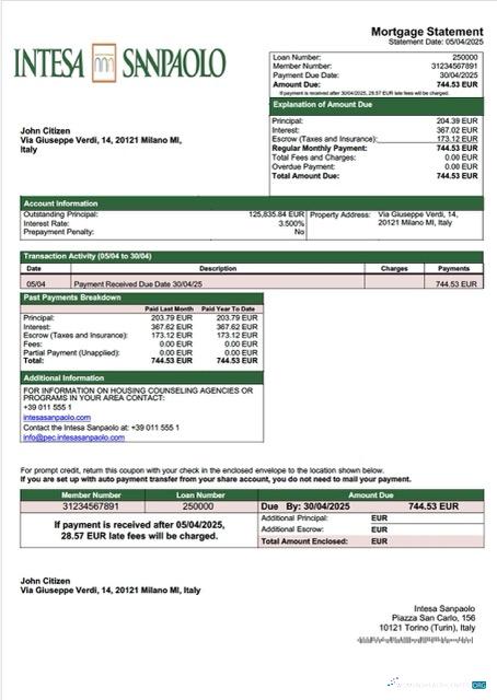 Реалистичный Скачать Италия Intesa Sanpaolo Ипотека Выписка Word и PDF Шаблон Photoshop Шаблон