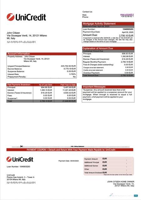 Профессиональный Скачать Италия UniCredit Ипотека Выписка Word и PDF Шаблон Photoshop Шаблон