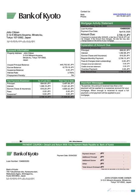 Премиум Скачать Япония Банк Kyoto Ипотека Выписка Word и PDF Шаблон Photoshop Шаблон