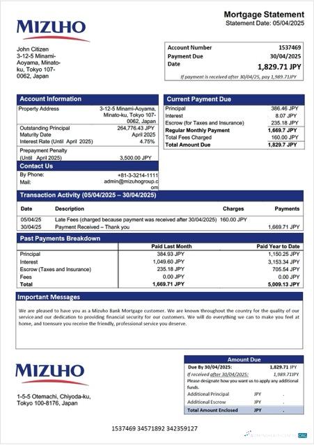Премиум Скачать Япония Mizuho Банк Ипотека Выписка Word и PDF Шаблон Photoshop Шаблон