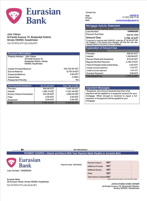 Профессиональный Скачать Казахстан Eurasian Банк Ипотека Выписка Word и PDF Шаблон Photoshop Шаблон