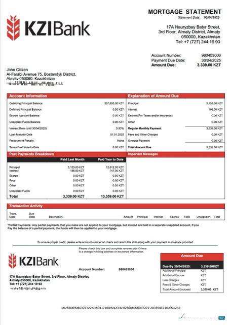 Профессиональный Скачать Казахстан KZI Банк Ипотека Выписка Word и PDF Шаблон Photoshop Шаблон