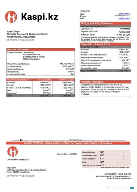 Премиум Скачать Казахстан Kaspi Банк Ипотека Выписка Word и PDF Шаблон Photoshop Шаблон