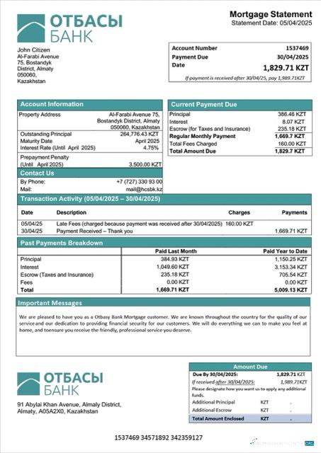 Профессиональный Скачать Казахстан Otbasy Банк Ипотека Выписка Word и PDF Шаблон Photoshop Шаблон