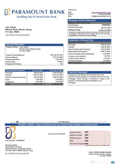 Качественный Скачать Кения Paramount Банк Ипотека Выписка Word и PDF Шаблон Photoshop Шаблон