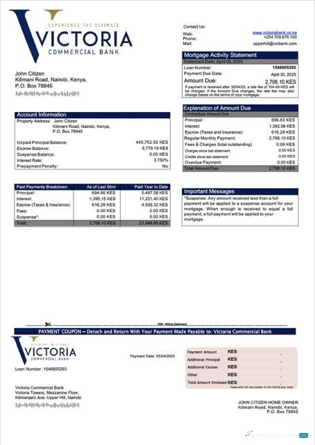 Реалистичный Скачать Кения Victoria Коммерческий Банк Ипотека Выписка Word и PDF Шаблон Photoshop Шаблон