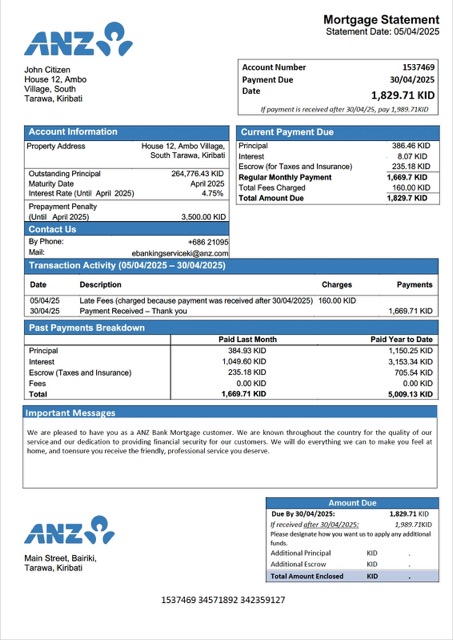 Качественный Скачать Кирибати ANZ Банк Ипотека Выписка Word и PDF Шаблон Photoshop Шаблон