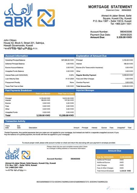 Реалистичный Скачать Кувейт Al Ahli Банк Кувейт Ипотека Выписка Word и PDF Шаблон Photoshop Шаблон