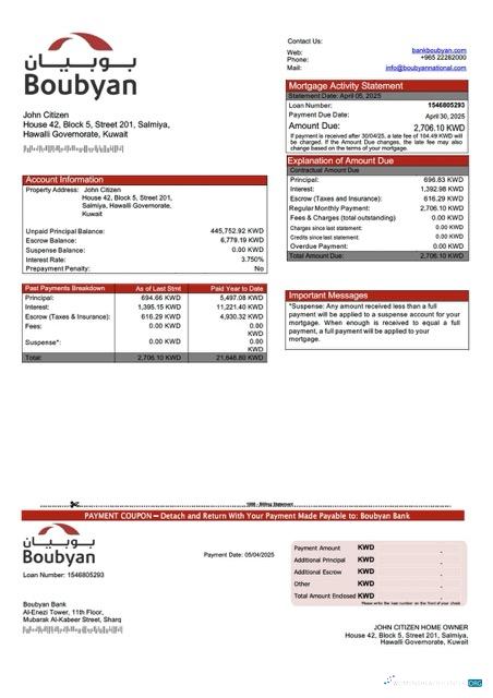 Реалистичный Скачать Кувейт Boubyan Банк Ипотека Выписка Word и PDF Шаблон Photoshop Шаблон