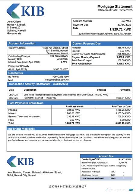Премиум Скачать Кувейт Международный Банк Ипотека Выписка Word и PDF Шаблон Photoshop Шаблон