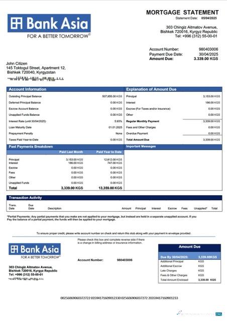 Редактируемый Скачать Киргизия Банк Asia Ипотека Выписка Word и PDF Шаблон Photoshop Шаблон