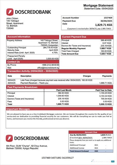 Реалистичный Скачать Киргизия Dos Credobank Ипотека Выписка Word и PDF Шаблон Photoshop Шаблон